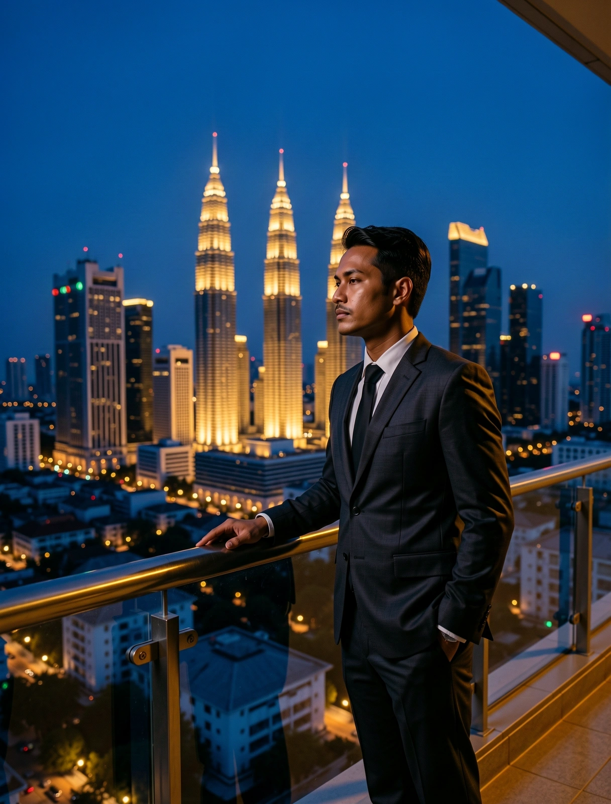 Modern Indonesian professional overlooking Jakarta